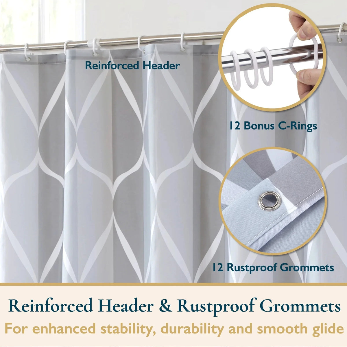 1pc Waterproof Gray Polyester Shower Curtain with Metal Grommets, 180*180cm Durable Fabric Bath Curtain for Bathroom Partitions