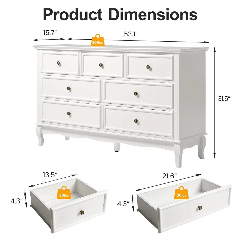 53" Wide White Modern Dresser,7 Drawers,Solid Wood Legs For Bedroom, Custom
