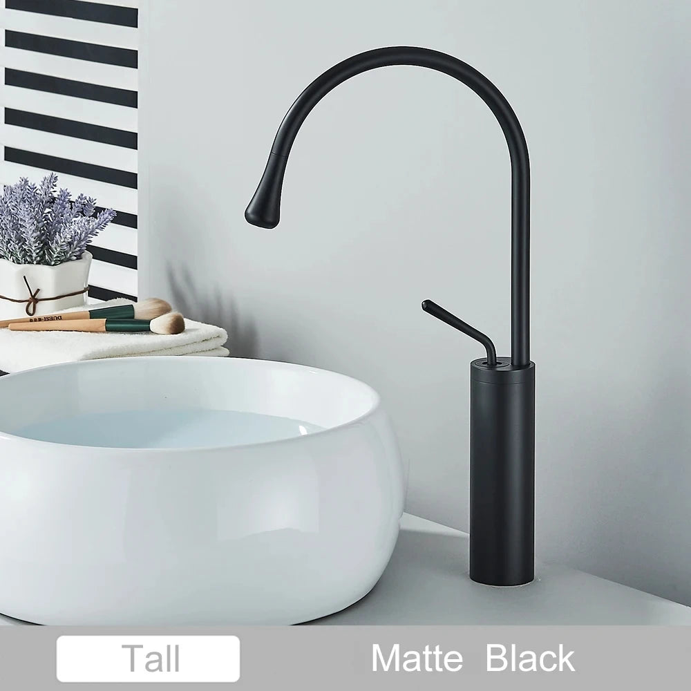 Brushed Golden Brass Art Basin Faucet Bathroom Washbasin Hot Cold Tap 360 Swivel Waterfall Gold Tall Model Mixer Deck Mounted