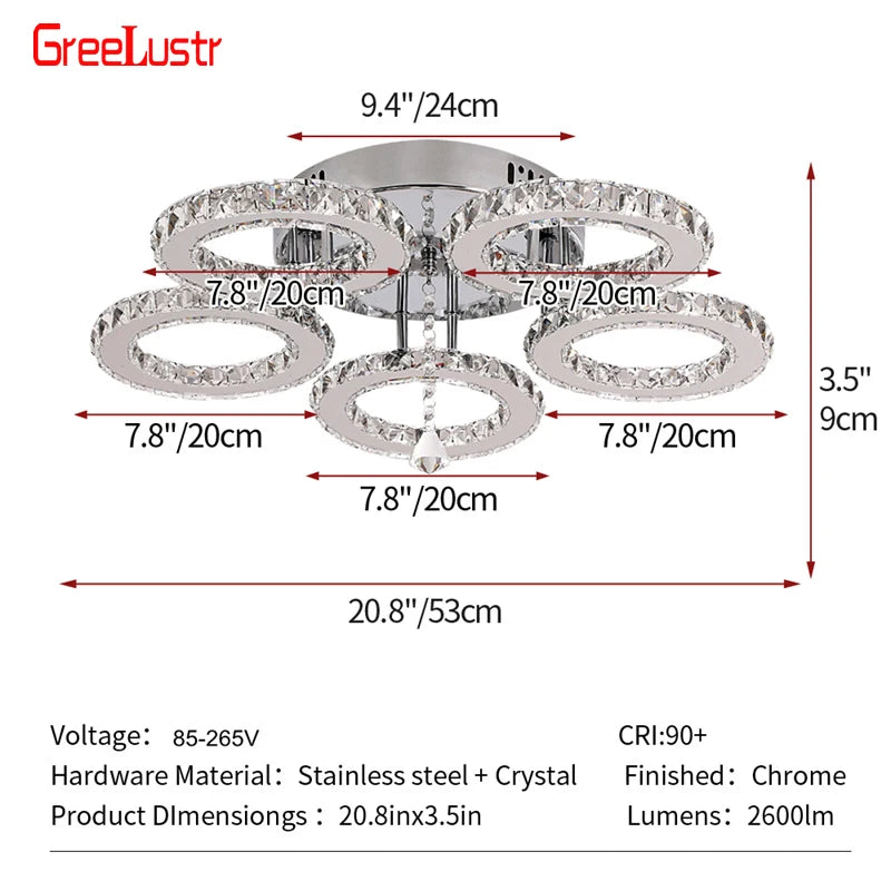 5 Rings Crystal Led Chandeliers Ceiling Mirror Stainless Steel Lustre Cristal For Kitchen Luminarias Parateto Fixtures Plafonier