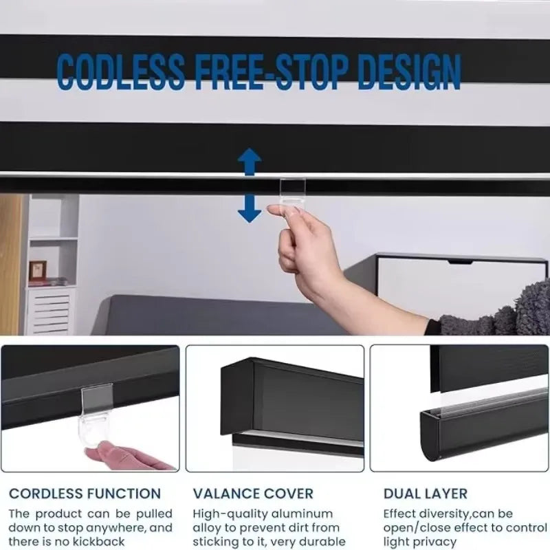 Cordless Design Factory Price Room Darkening Thermal Insulation Spring Control Manual Zebra Blinds For Hotel