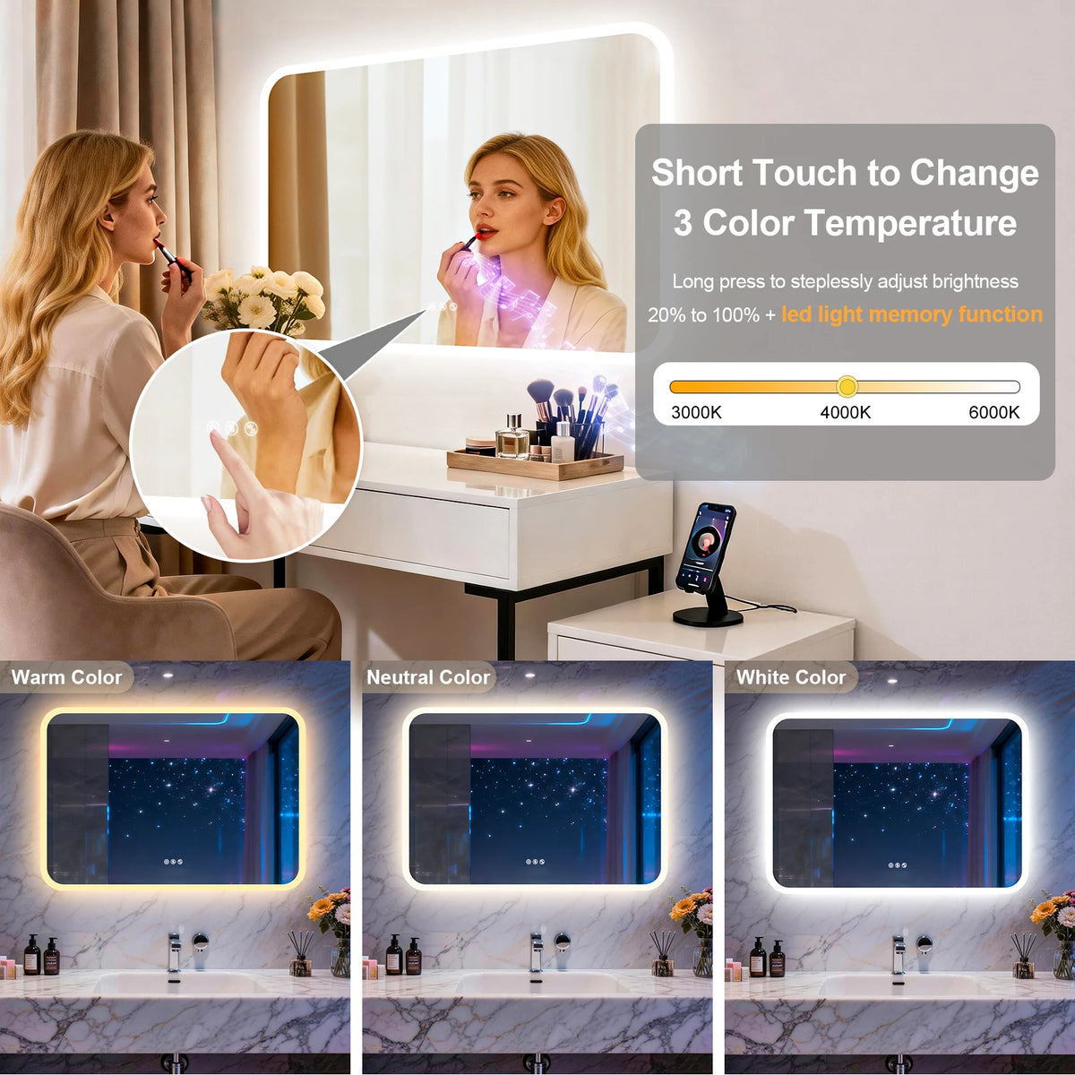 Smart LED Bathroom Mirror with Bluetooth Speakers Rectangle Illuminated Vanity Mirror Dimmable 3 Colors Anti Fog Touch Control Wall Mount