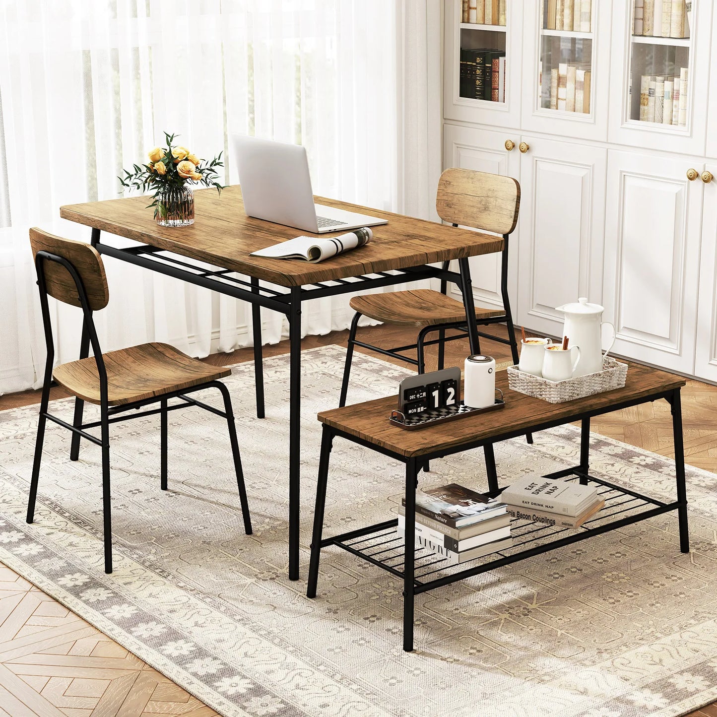Dining Table Set for 4 Dining Room Kitchen Table w/ Bench 2 Chairs 4-Piece Set