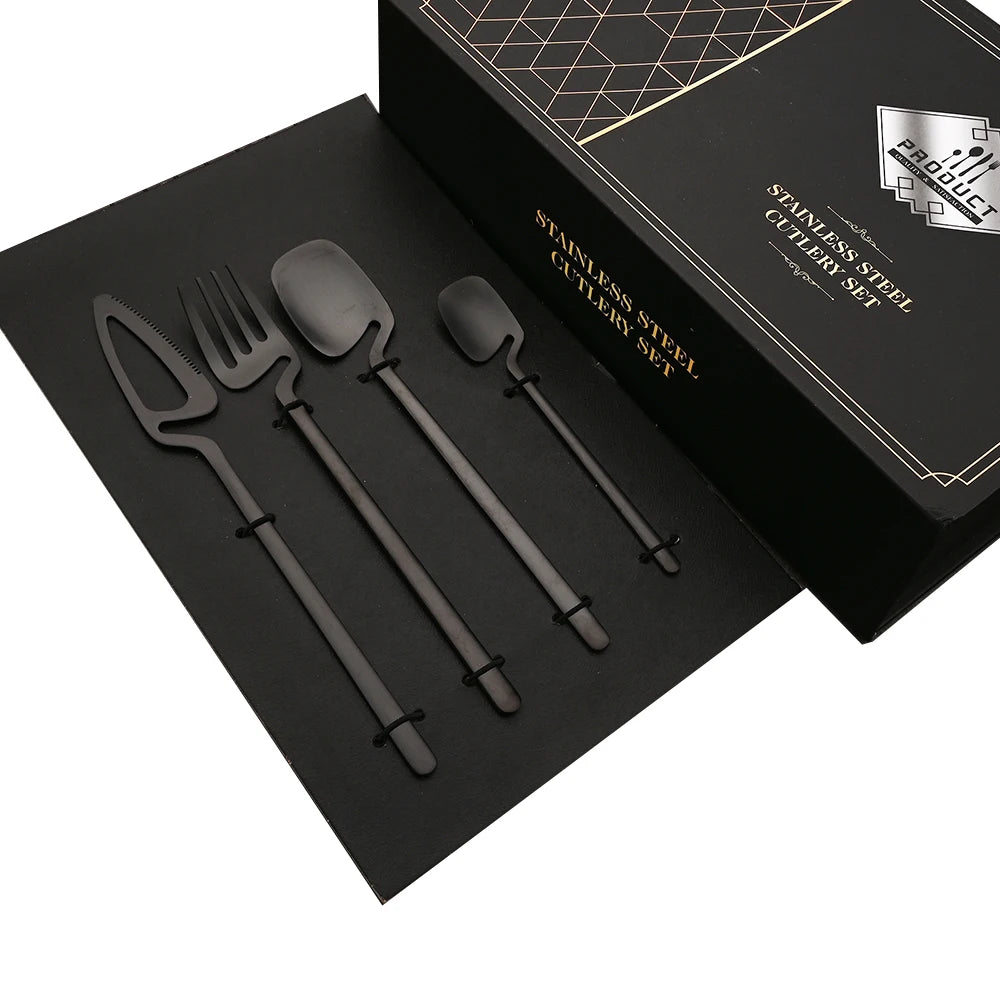 24Pcs Black Dinnerware Set 18/10 Stainless Steel Tableware Set Fork Knife Spoon Cutlery Set Gift Box Flatware Dishwasher Safe