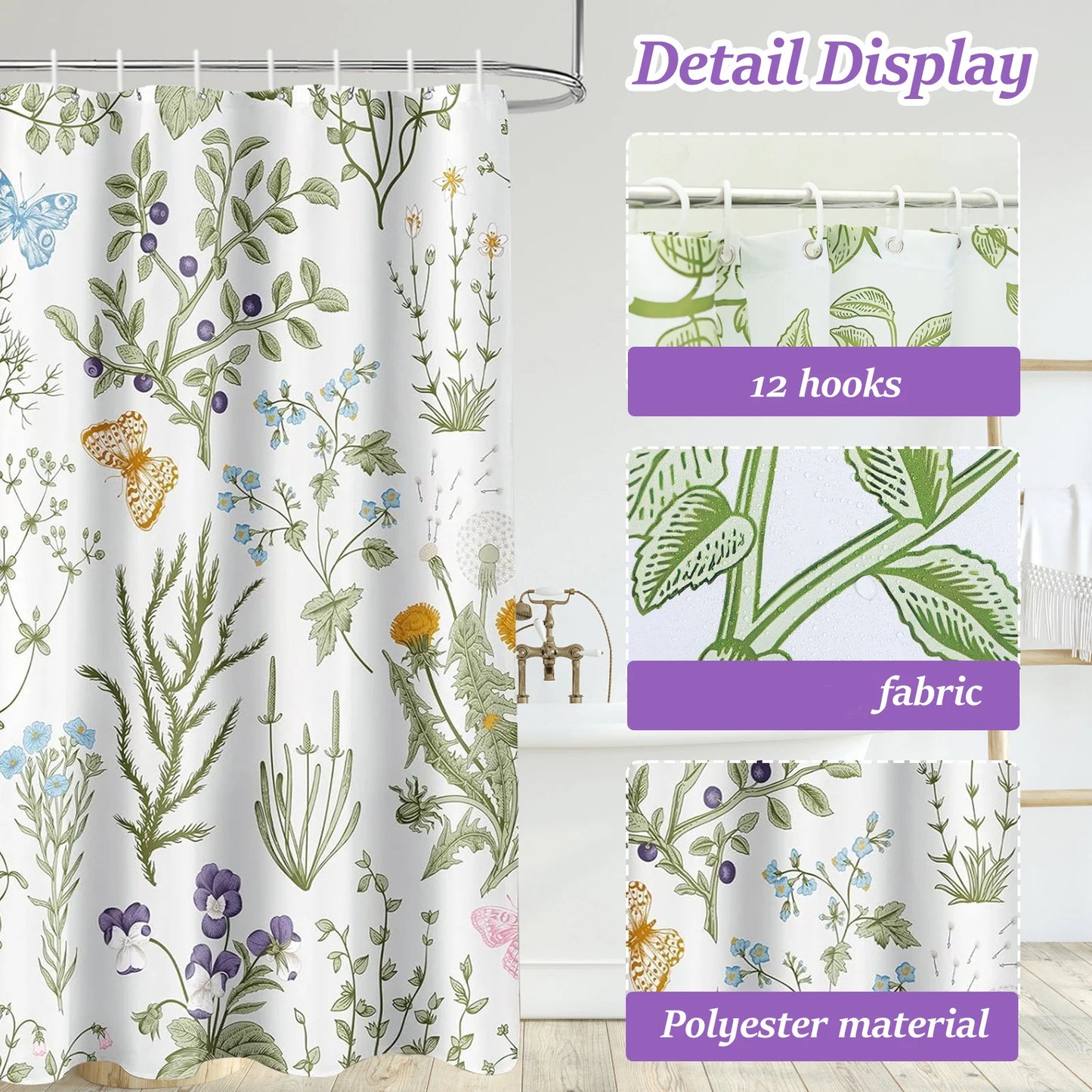 Botanical Leaf Shower Curtain Polyester Bathroom Curtain with Butterfly Floral Print and Hooks Window Decor