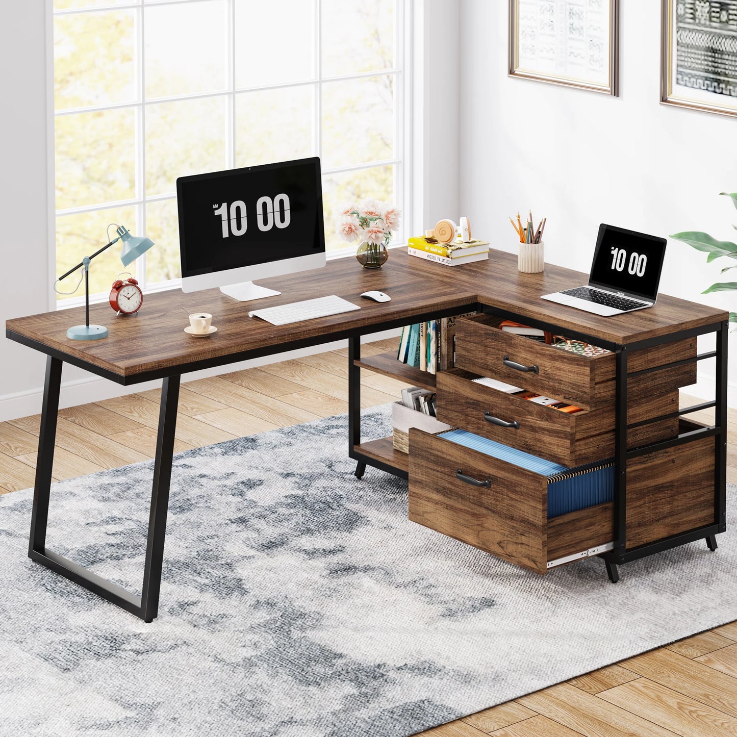 Tribesigns L-Shaped Computer Desk with 3 Drawers, Reversible Corner Home Office Desk with Shelves, 53-Inch Industrial PC Desk