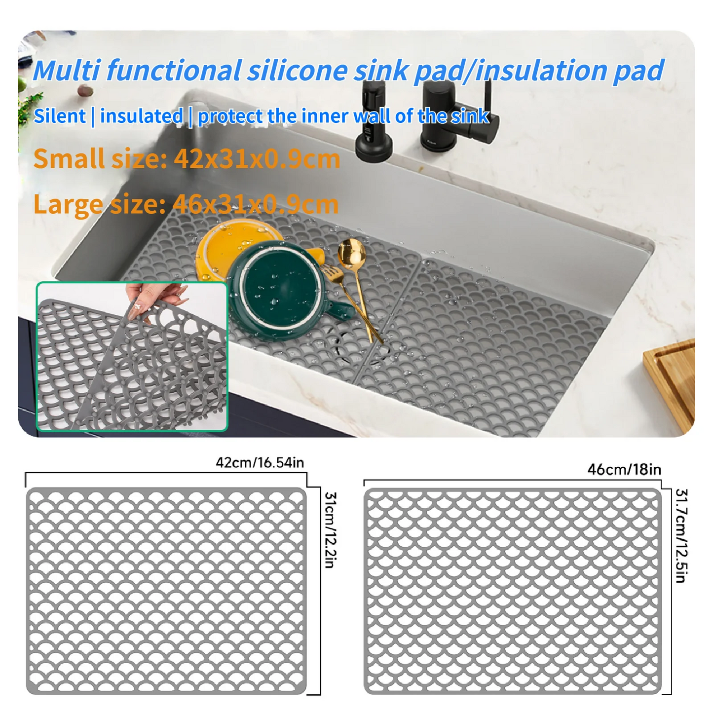42/46CM Kitchen No holes Silicone Sink Bottom Scratch-resistant Protective pad, Perforated Water-draining Pad, Thickened Drying