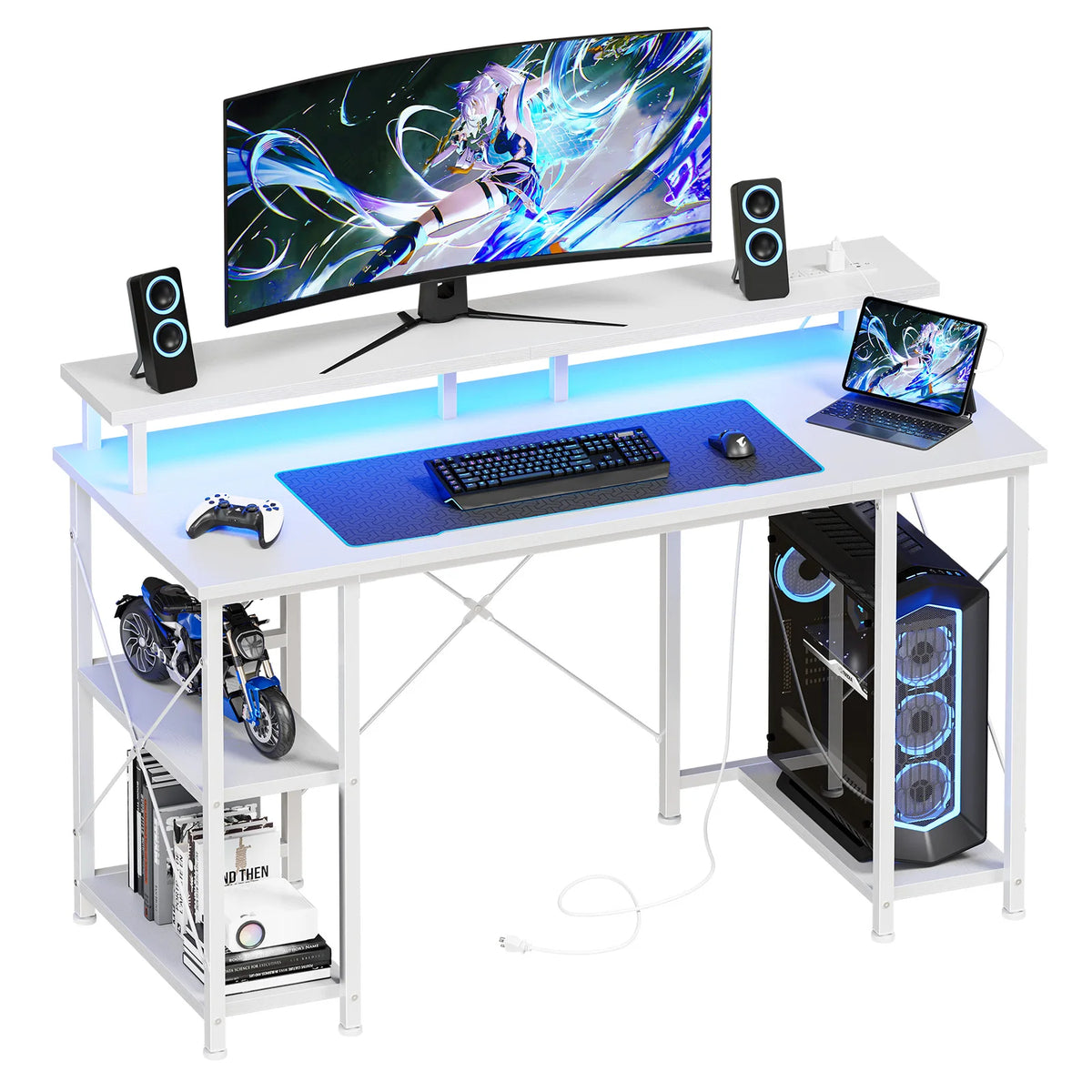 JHK 48 Inch Computer Desk with with Shelves Storage Drawers Office Wood Table with LED Lights Power Outlets Gaming Desk