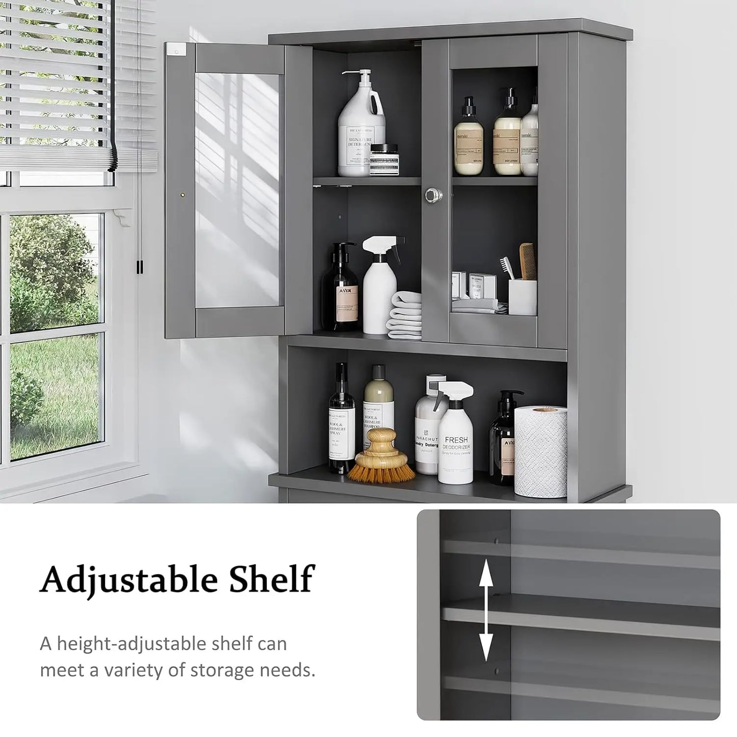 Over The Toilet Storage Cabinet, Bathroom Storage Cabinet Over Toilet, Space Saver with 2 Tempered Glass Doors, Grey, Customized
