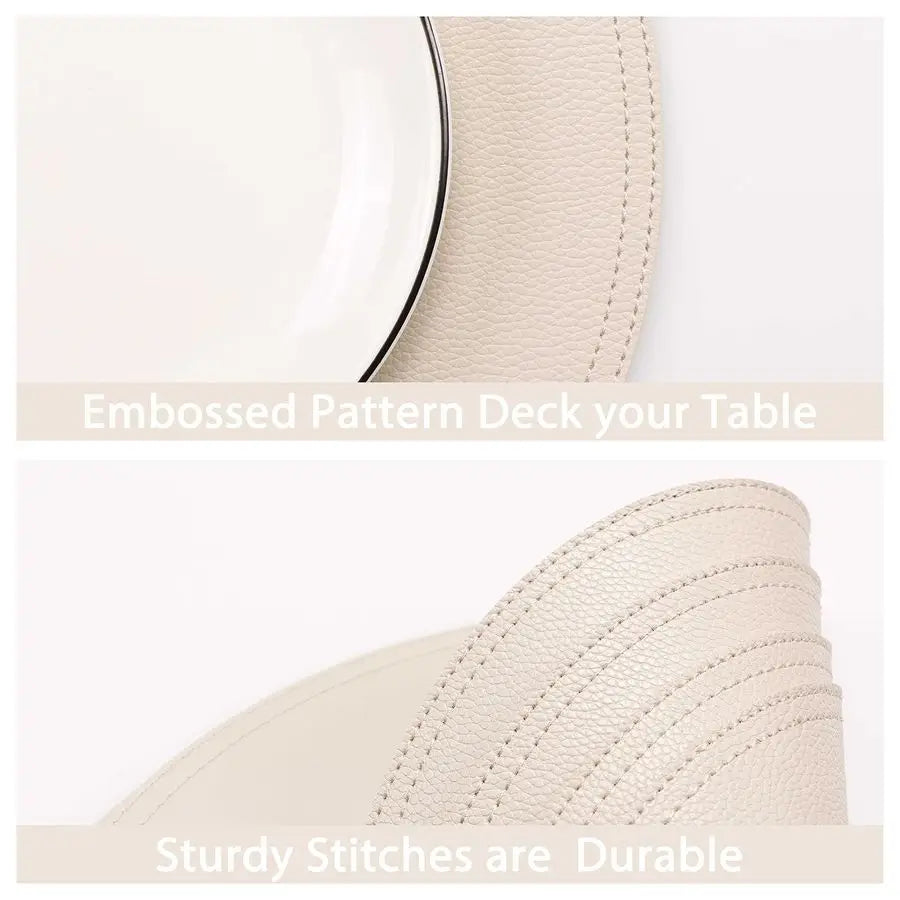 of 6 Faux Leather Round Placemats and Coasters, Coffee Mats Kitchen Table Mats, Waterproof, Easy to Clean for Kitchen Dining Rou