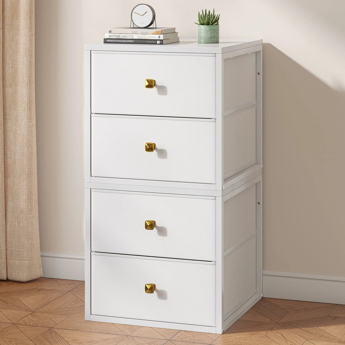 Freestanding 4-Drawer Stackable Storage – Fabric Drawers, Wood Top, Metal Frame – 22 LBS per Drawer – Ideal for Bedroom, Under-Bed, Closet, or Dorm