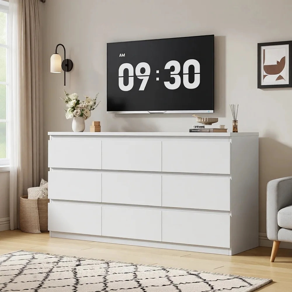 Elegant White 9-Drawer Dresser for Bedroom, Storage Chest with Deep Drawers for Living Spaces