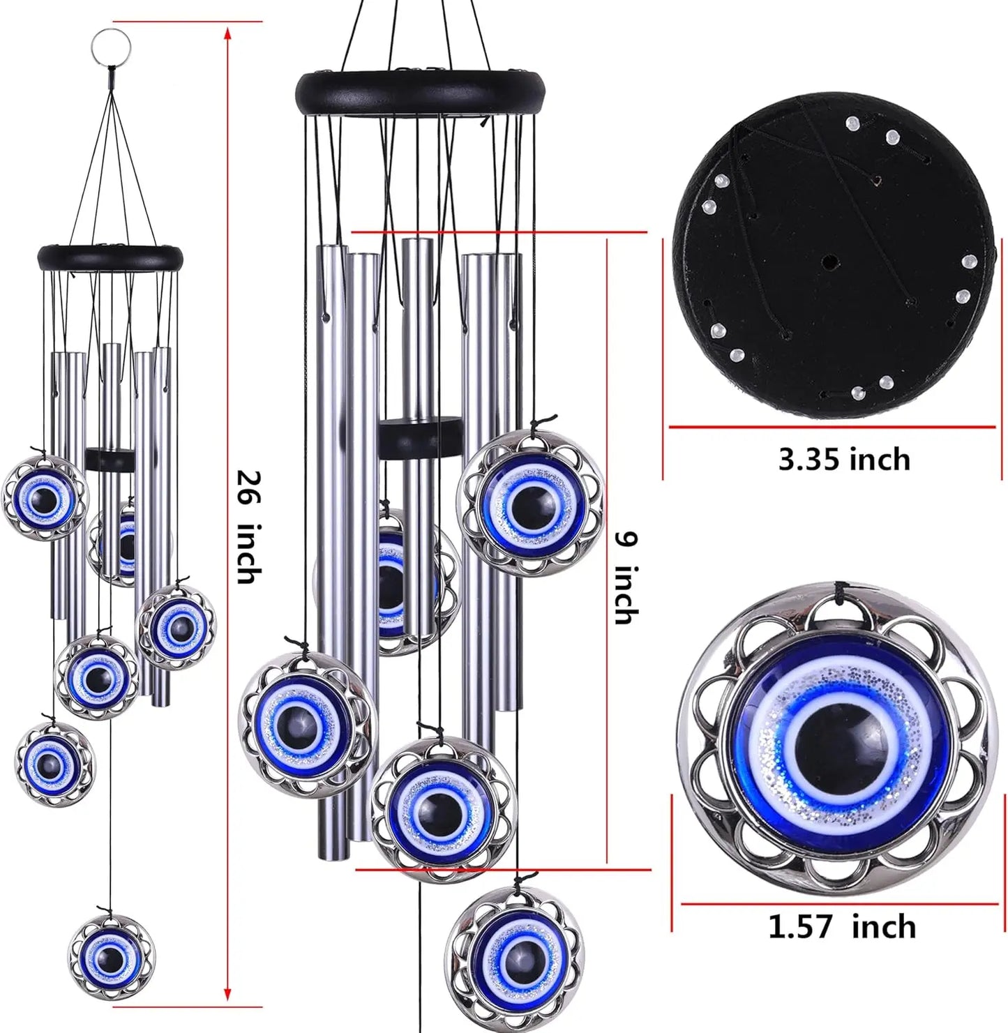 Blue Evil Eye Wind Chimes for Outdoor Decor, Handmade with 5 Aluminum Tubes, Perfect Gift for Home Garden Patio
