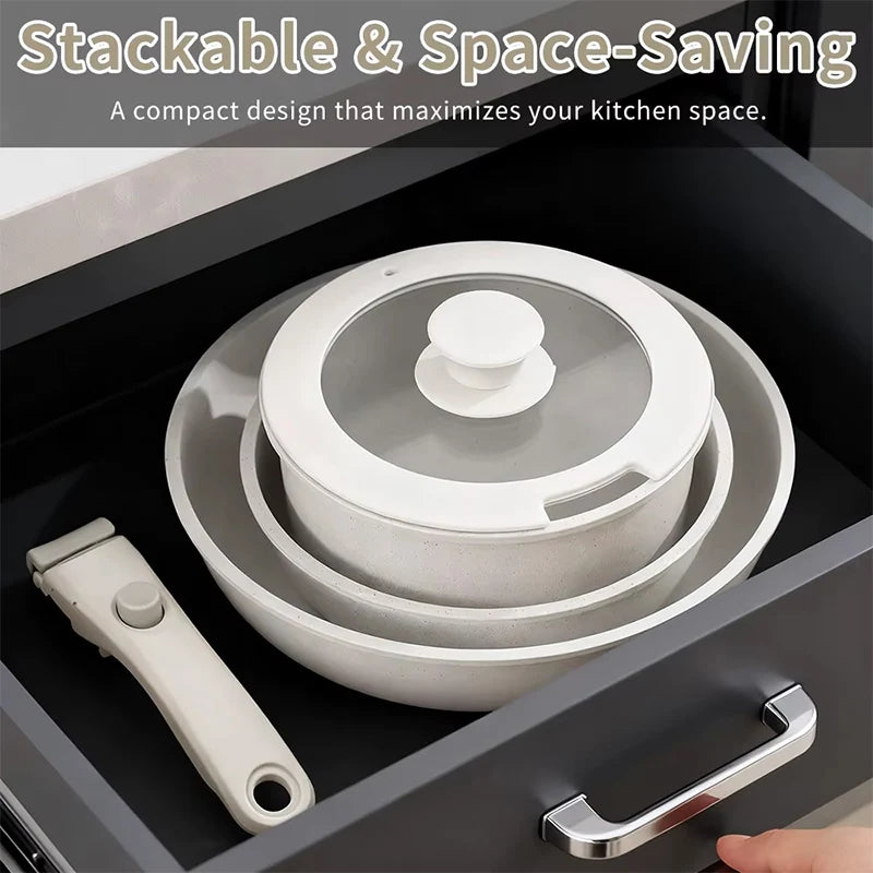 Non-stick pan, 17-piece frying pan set, suitable for induction cooktops and open flames, frying pan set, long-lasting non-stick, scratch-resistant surface, dishwasher safe, creamy white, can be given as a gift