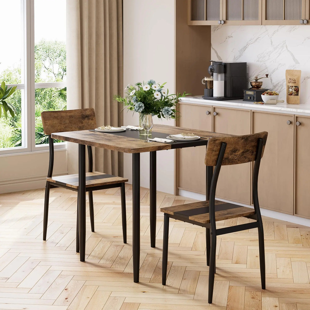 3-Piece Dining Table Set For 2, Small Kitchen Table With 2 Chairs, Two-Tone MDF Top, Metal Frame, Space Saving Apartment Dining