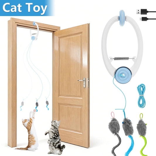 Door Hanging Auto-Rebound Cat Toy Plastic Interactive Self Play Hanging Door Kitten Toy with 3 Catnip Mice 3 Mode Pet Supplies