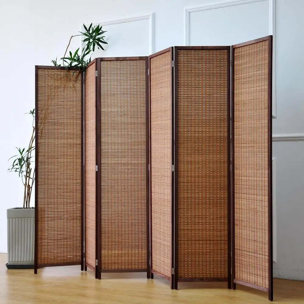 6 Panel Bamboo Room Divider - 5.6 t Tall Folding Privacy or Room Separation, Natural Brown Freestanding Partition Wall