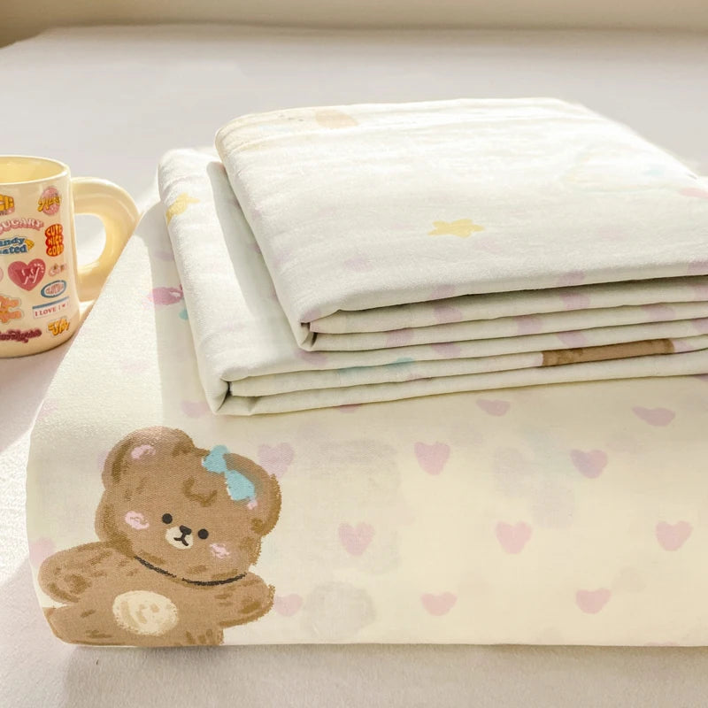 All Season Comfort 100% Cotton Flat Sheet , Soft Breathable Cute Cartoon Print Top Sheet, Wrinkle Resistant Fade Resistant
