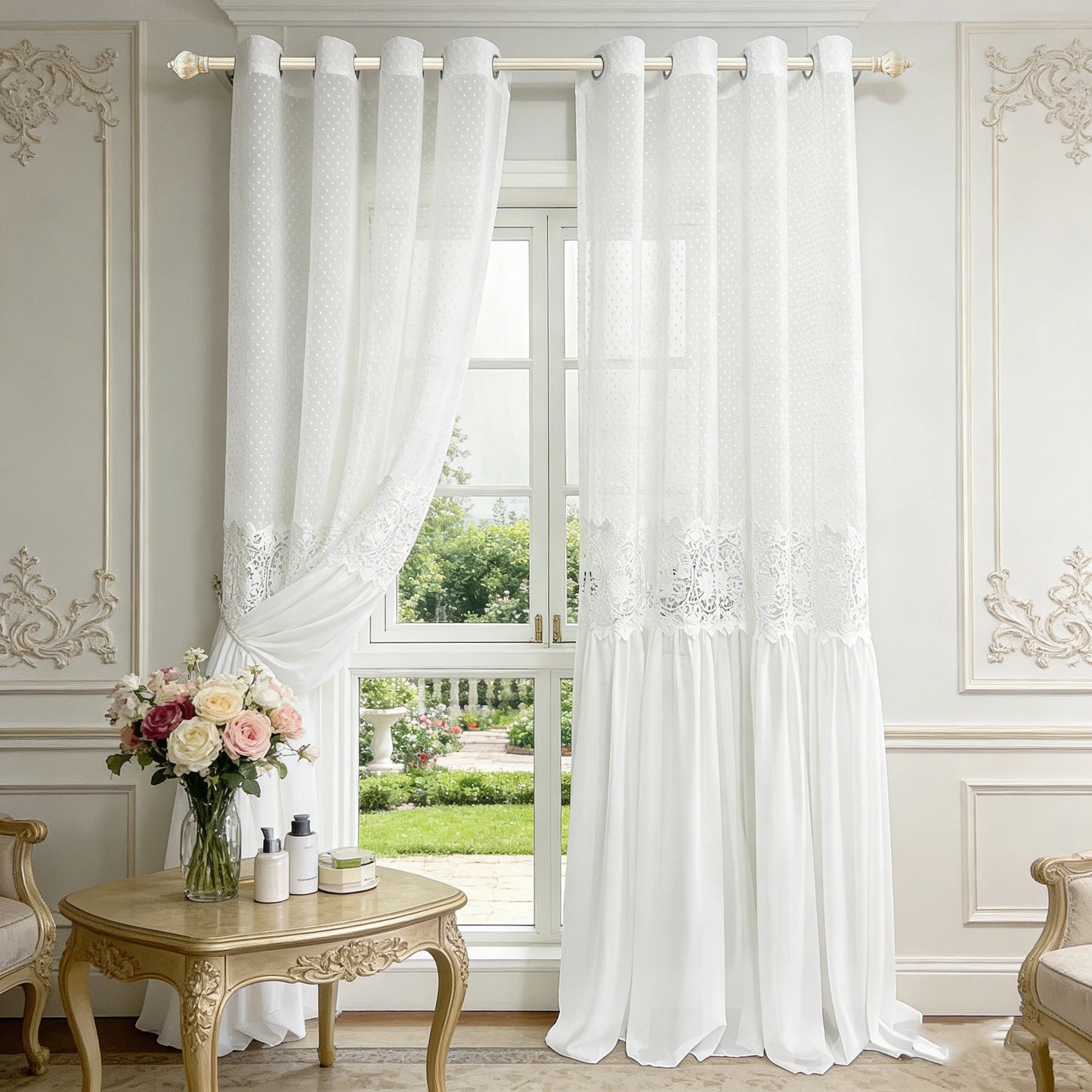 French Romantic Lace Tulle Sheer Curtains, Hollow Flower Light Filtering Drape for Bedroom, 300cm Height Extra Long Curtain