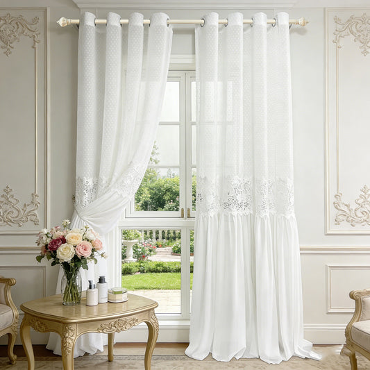 French Romantic Lace Tulle Sheer Curtains, Hollow Flower Light Filtering Drape for Bedroom, 300cm Height Extra Long Curtain