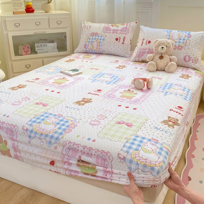 2025 New Bed Hat Print Cartoon Water Clouds Cotton Bedspread Student Mattress Cover Skin Friendly Full Wrap with Elastic Sheet
