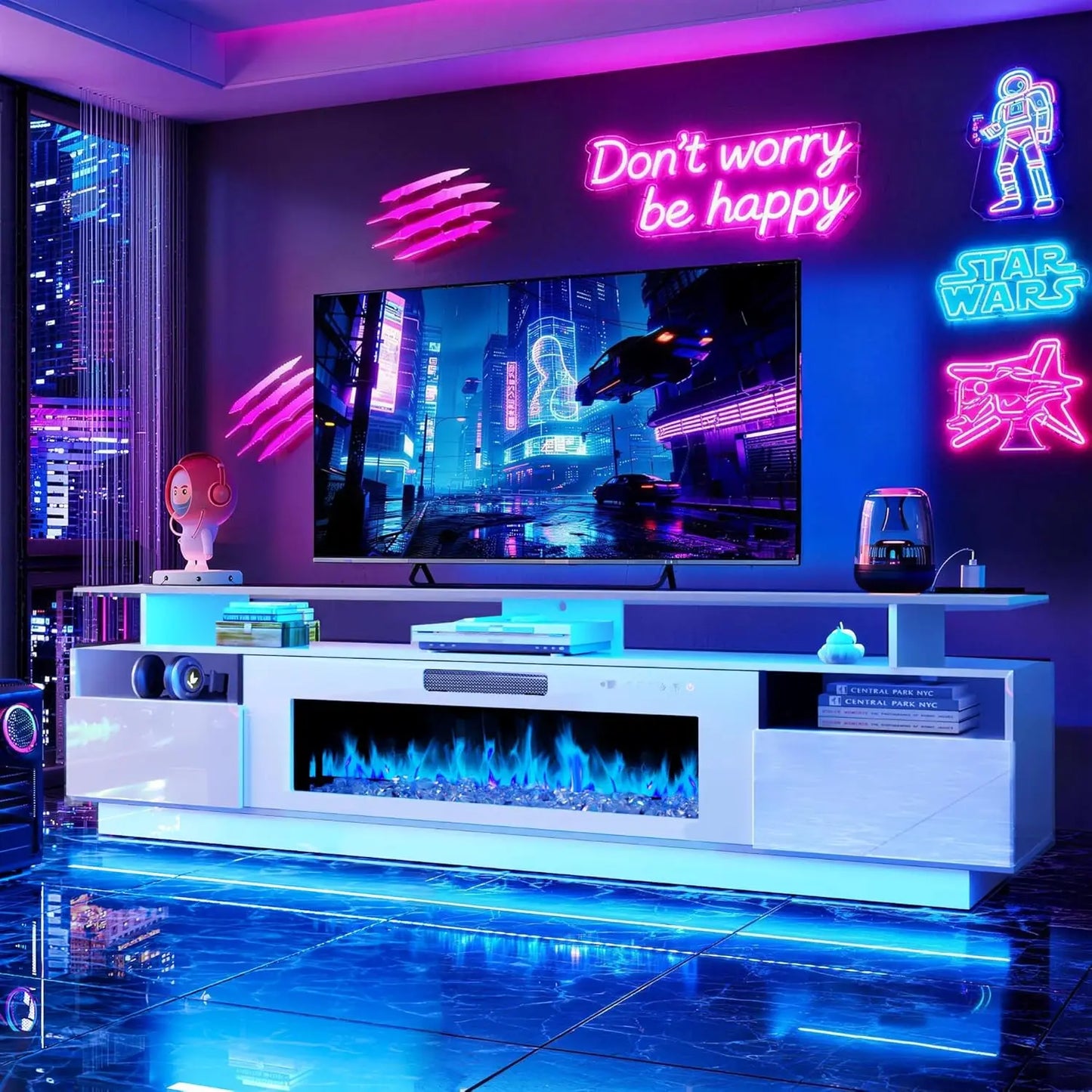 70" Fireplace TV Stand with 36" Electric Fireplace Entertainment Center with Charging Station and LED Light Console, Custom