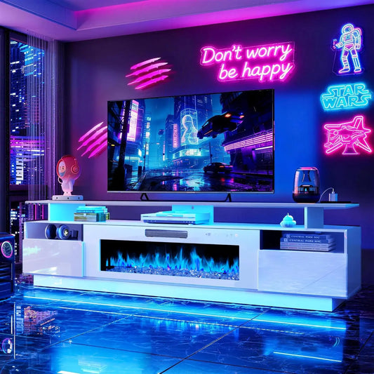 70" Fireplace TV Stand with 36" Electric Fireplace Entertainment Center with Charging Station and LED Light Console, Custom