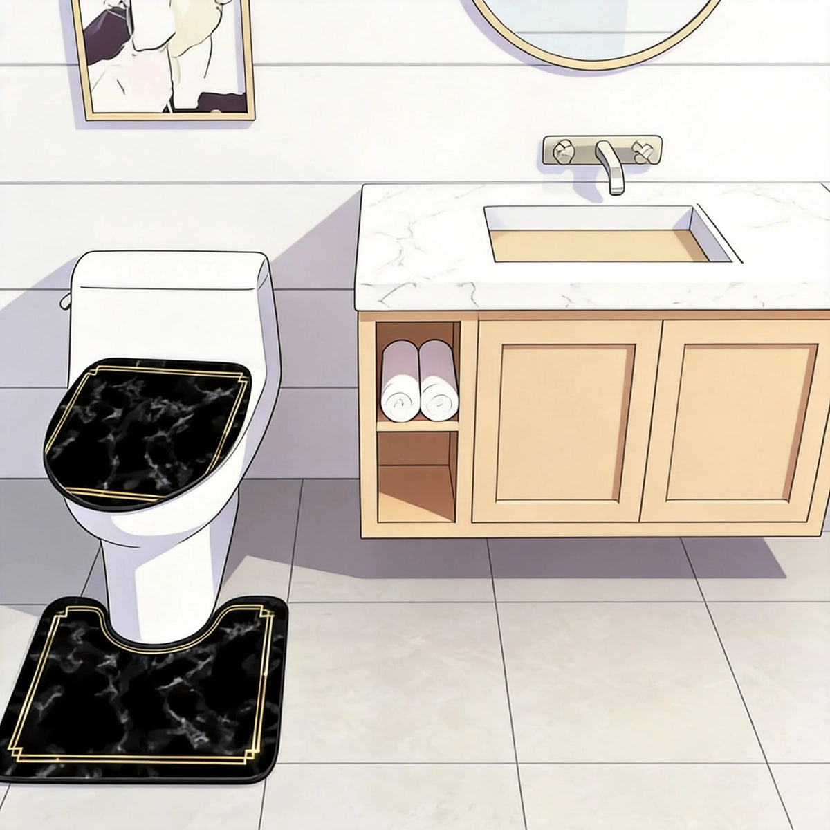 Luxury Black Marble Gold Border Bathroom Rug Set, Non Slip Bath Mat & Toilet Seat Cover, Water Absorbent Bathroom Decor
