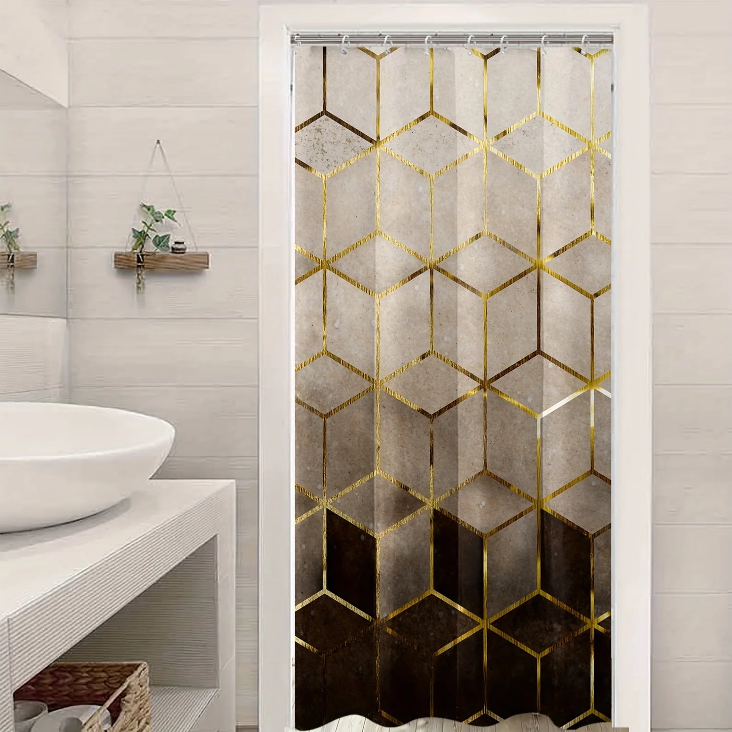 Shower Curtain 1pc Golden Brown Gradient Geometric Grid Abstract Pattern Printed Polyester Fabric Waterproof Mildew Resistant Washable Bathroom Hanging Drapery Tub Window Wall Luxury Decoration Home Supplies Multi Sizes Thank