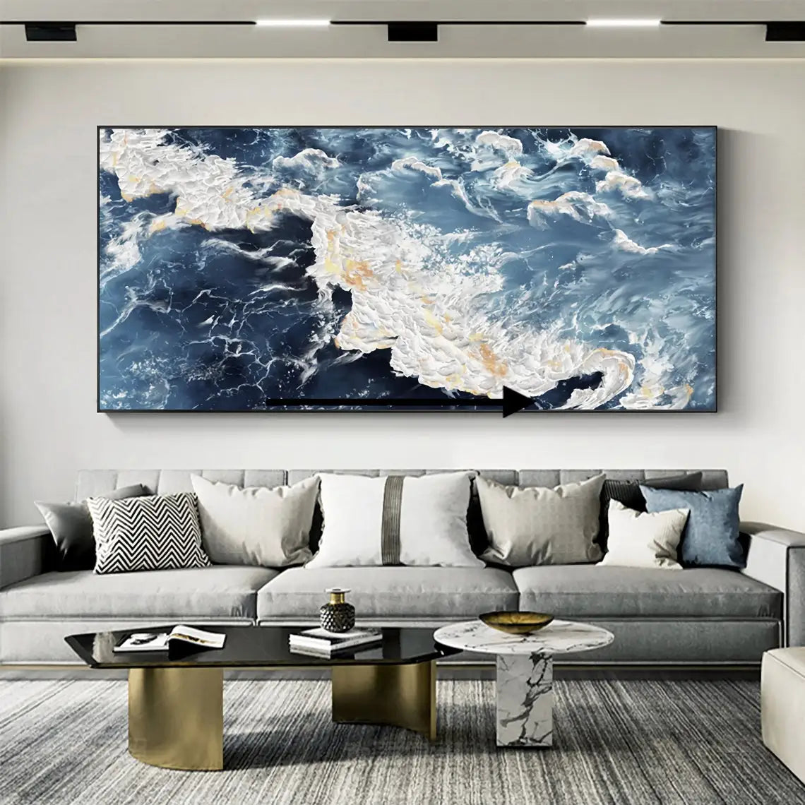 Large Sea Canvas Oil Painting Handmade Blue Sea Landscape Abstract White Wave Painting Textured Sea Painting Living Room Decor