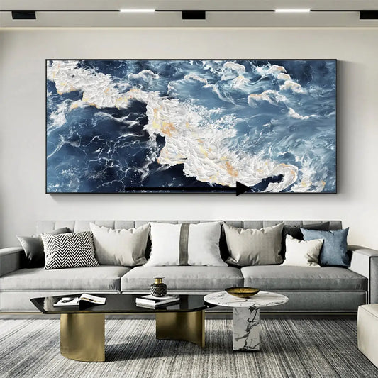 Large Sea Canvas Oil Painting Handmade Blue Sea Landscape Abstract White Wave Painting Textured Sea Painting Living Room Decor