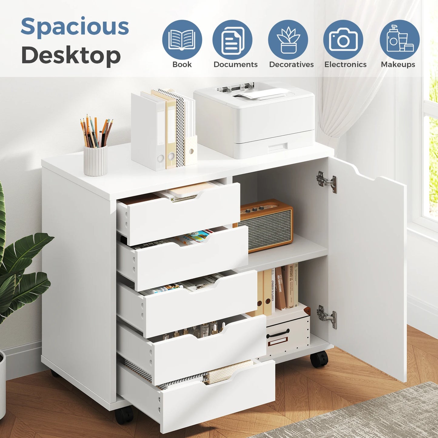 JHK Wood 5 Drawers Cabinets Organizer with Wheels Rolliing File Cabinet with Shelves and Door Printer Stand  for Home Office