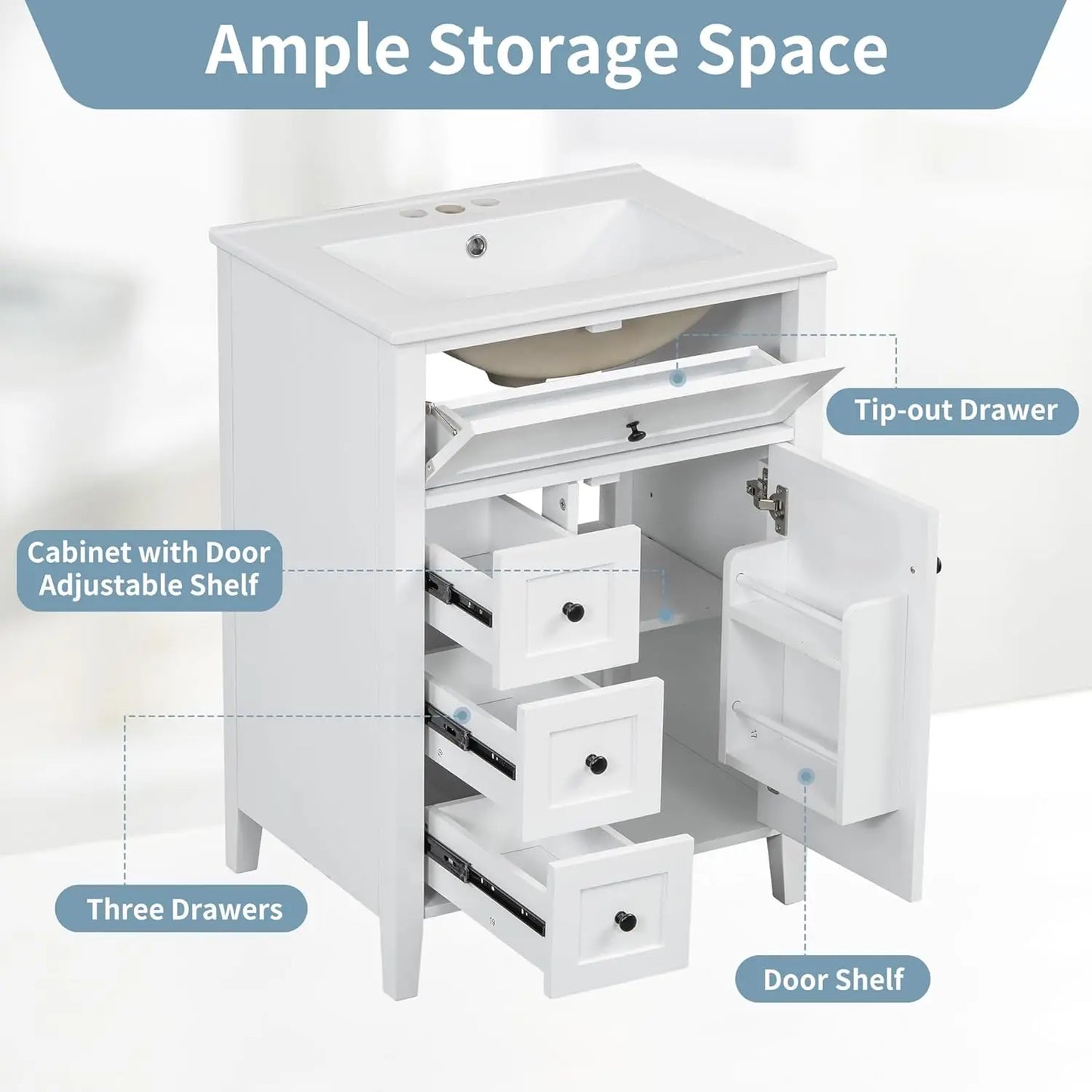 24" Solid Wood Bathroom Vanity with Sink, 3 Drawers & Tip-Out, Adjustable Shelves, Soft Close Organizer, White, Customized