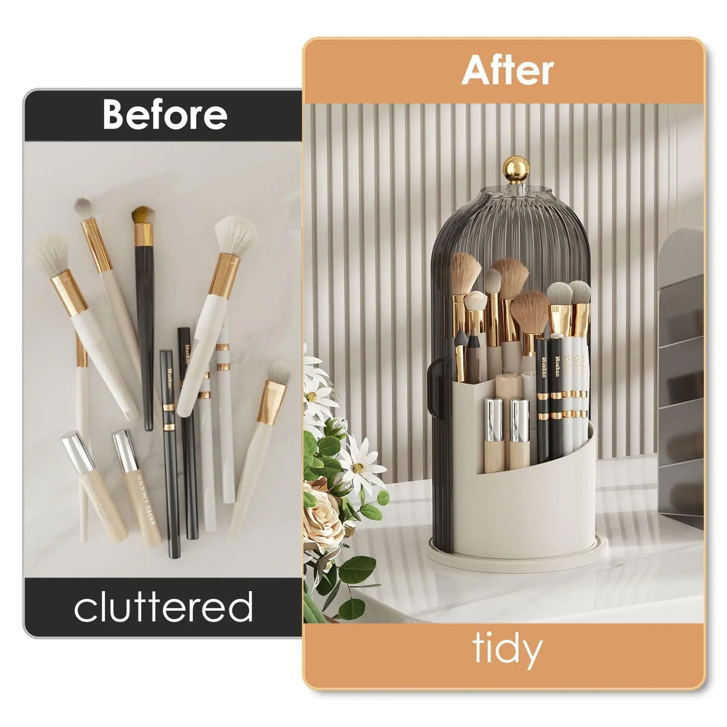 YOOLENS Makeup Brush Holder Organizer with Lid,360 Rotating Clear Dustproof Makeup Brushes Organizer for Vanity Desktop Bathroom