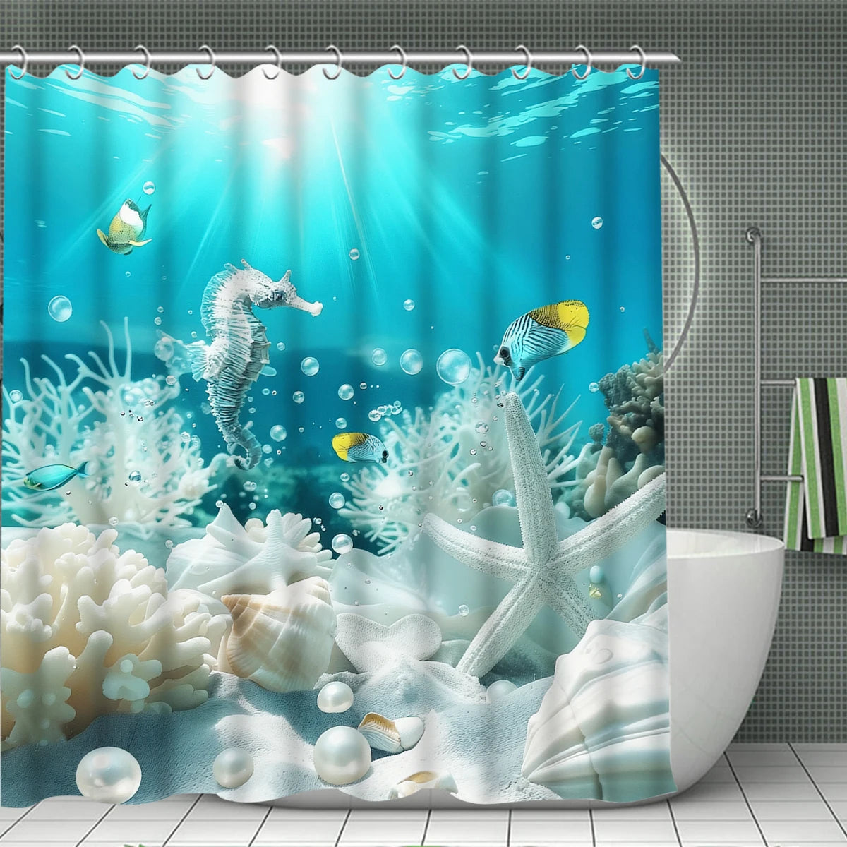 4Pcs Ocean Life Shower Curtain Set with Hooks, Underwater Seahorse Coral Print Waterproof Mildew Resistant Fabric Bath Mat for Family Bathroom Home Decor