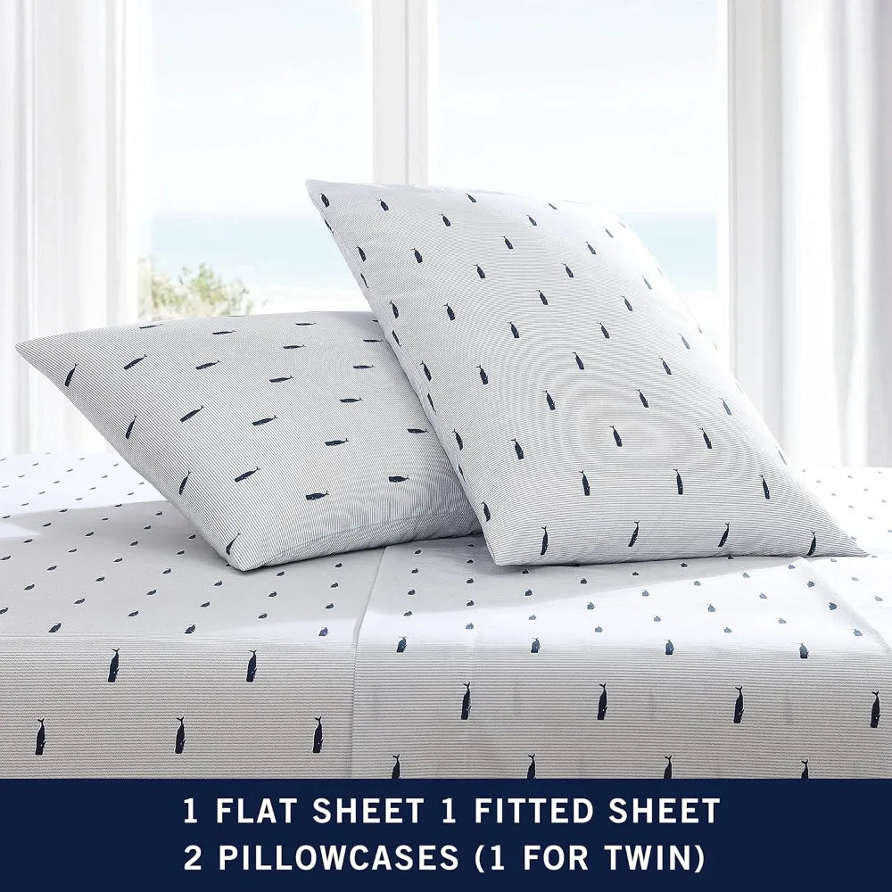 King Size Cooling Sheets Set with Smooth Cotton Percale Feel - Includes Pillowcases & Fitted Sheet in Whale Stripe Blue