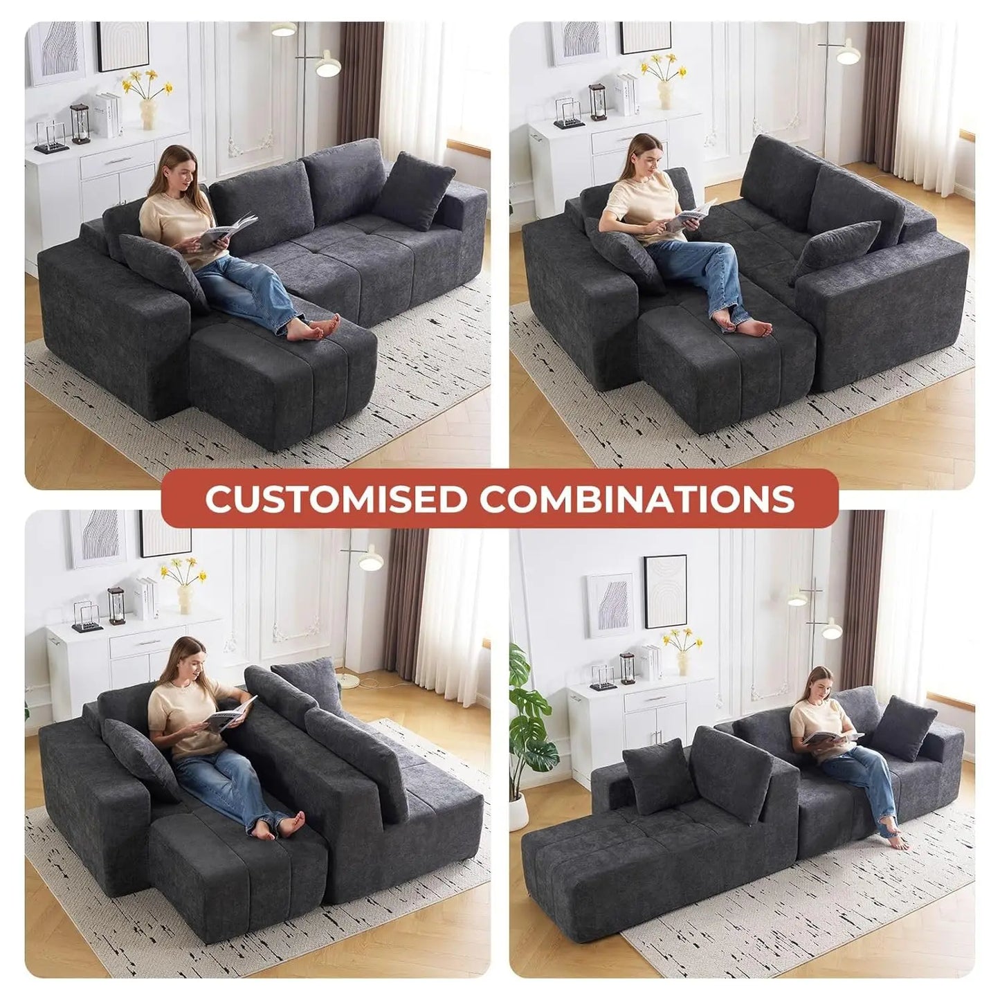 Cloud Modular Sectional Couch 105 Inch Chenille Deep Seat L-Shape Sofa with Chaise Customized Upholstered Boneless Couches