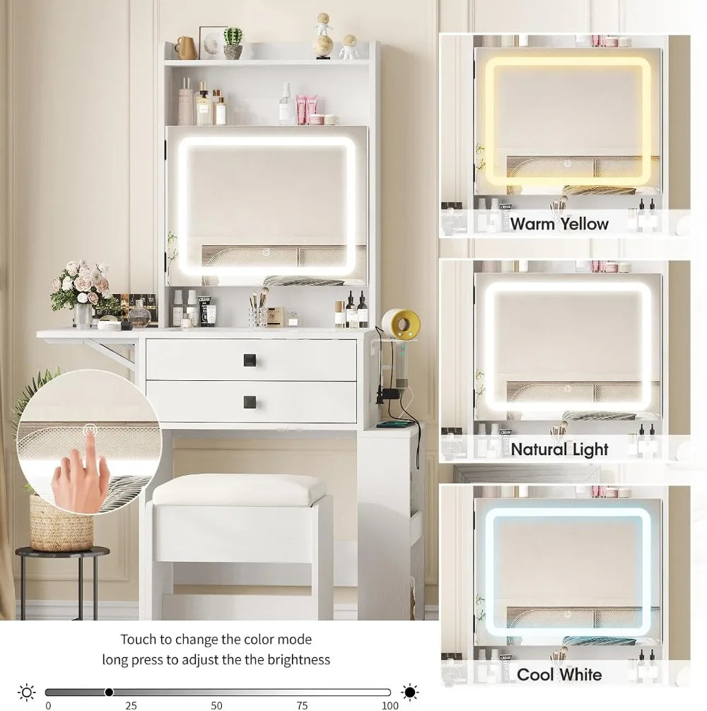 Small Makeup Vanity Desk with Fold-up Panel, White Vanity Set