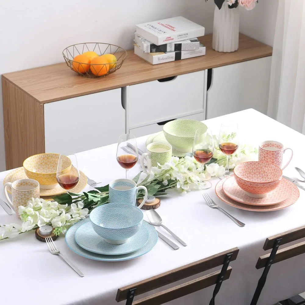Vancasso Natsuki 16 Pieces Porcelain Multi-Colour Japanese-style Dinnerware Set with 4PCS Dinner Plate Dessert Plate Bowl Mug