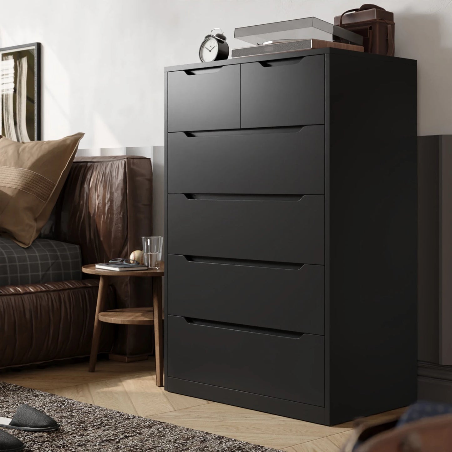 Modern Tall wooden Dresser with 6 Drawers - Solid Wood Storage Cabinet for Bedroom, Entryway & Living Room