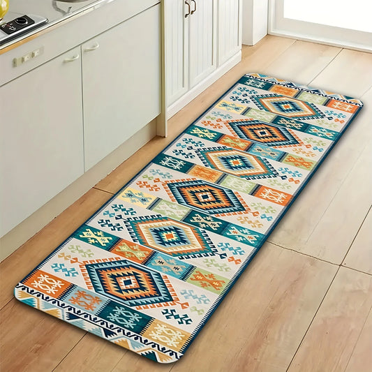 Boho Ethnic Diamond Tribal Geometric Long Floor Runner Rug, Non-Slip Mat for Kitchen Entryway Bathroom Vintage Southwest Decor