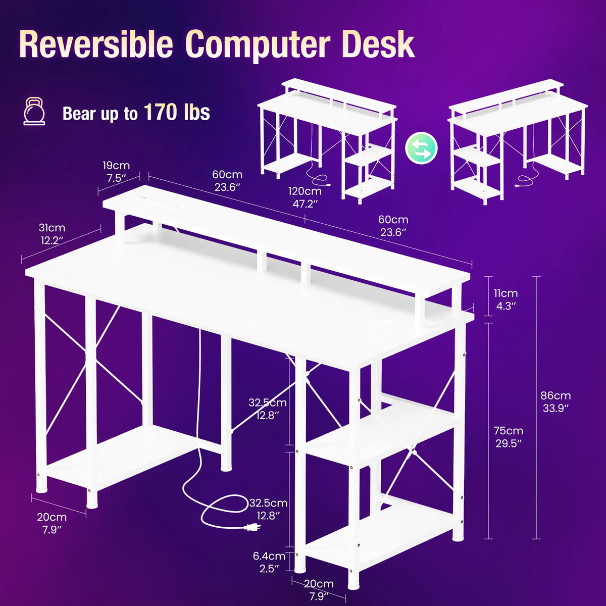 JHK 48 Inch Computer Desk with with Shelves Storage Drawers Office Wood Table with LED Lights Power Outlets Gaming Desk