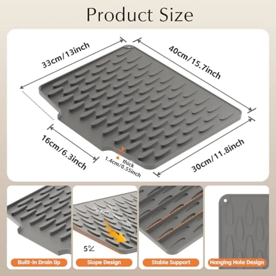 Silicone Dish Drying Mat for Kitchen Counter or Sink with Built-in Drain Lip, Non-Slip Quick Drying Mat, Easy to Clean, Heat Re