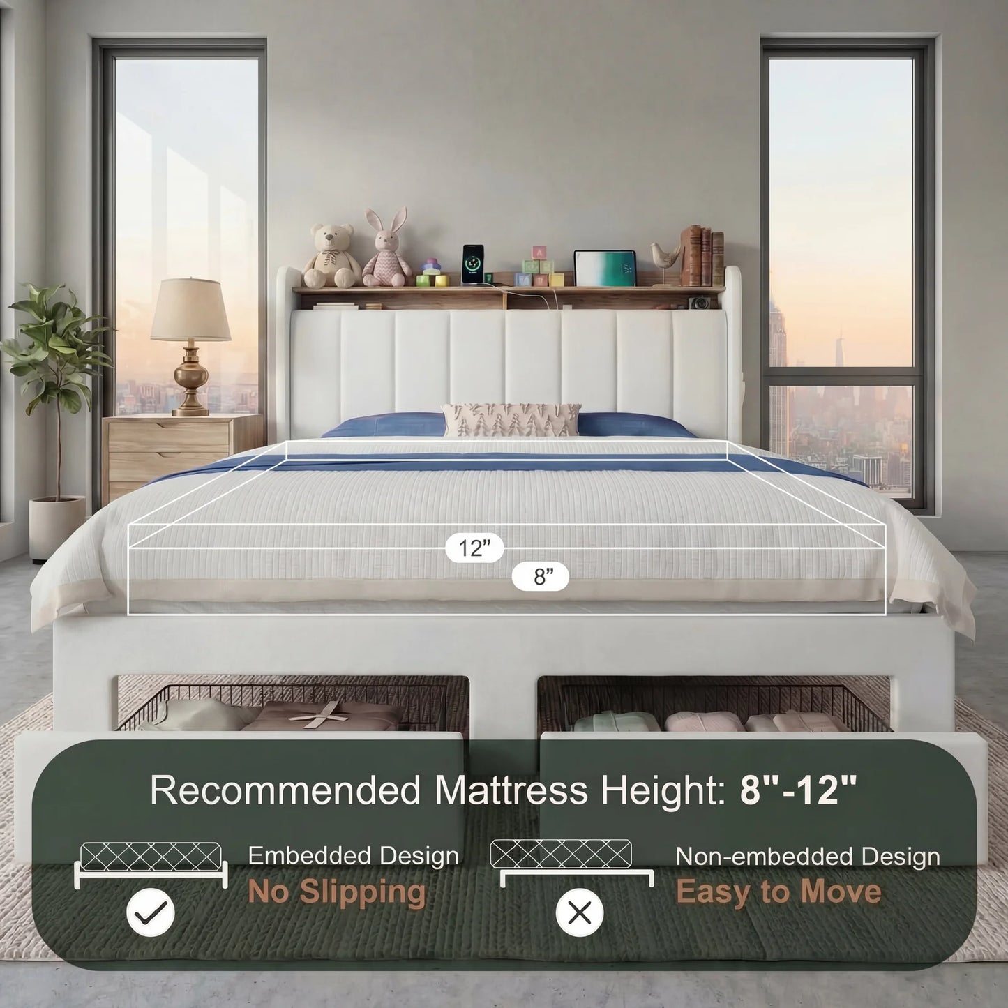 HOOMIC Bed Frame, 2 Storage Drawers/2-Tier Shelves with LED Lights & Charging Station, No Box Spring Need, Full/Queen/King