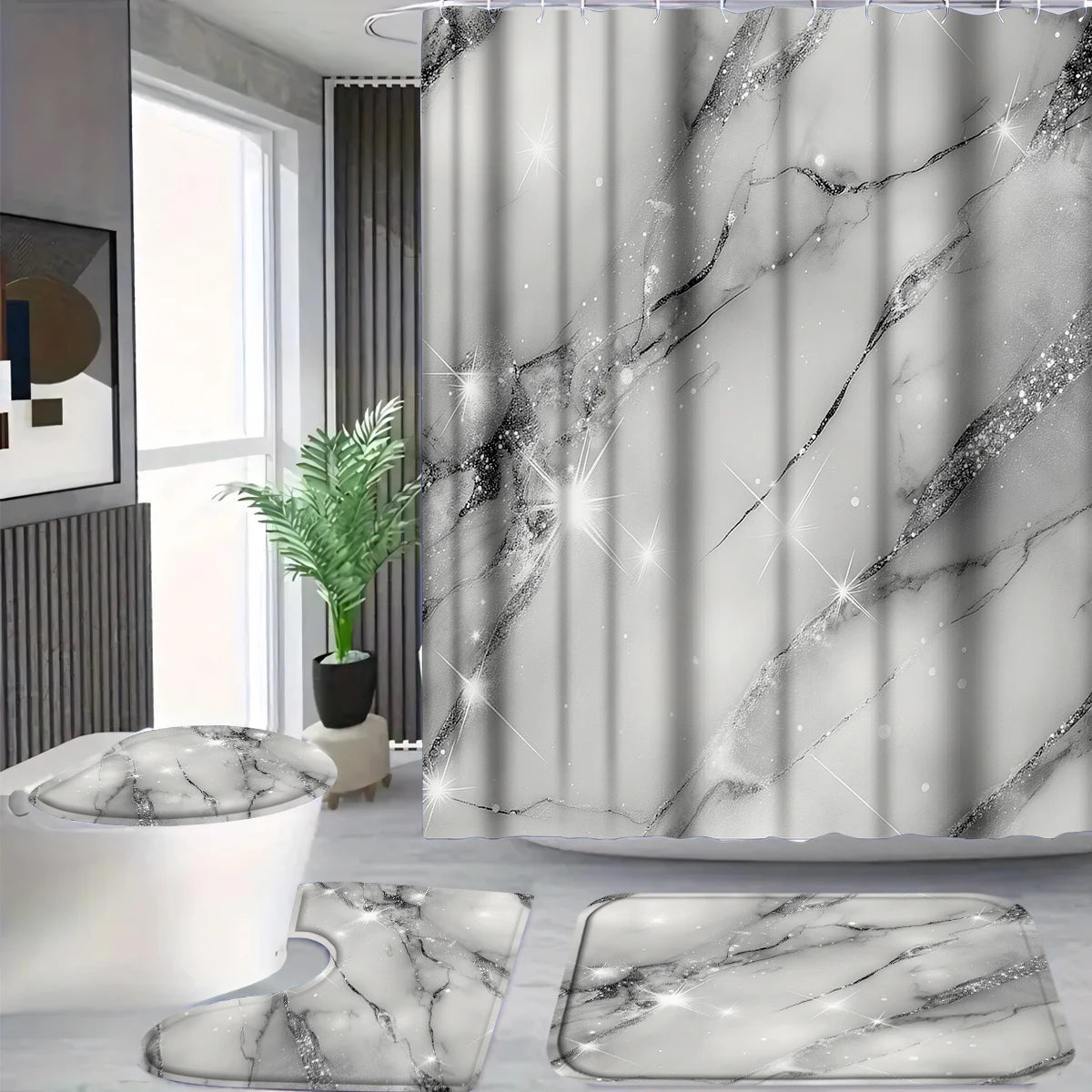 4Pcs Sparkle Grey Marble Shower Curtain Set with Hooks, Modern Shiny Glitter Print Waterproof Mildew Resistant Fabric Bath Mat for Family Bathroom Home Decor