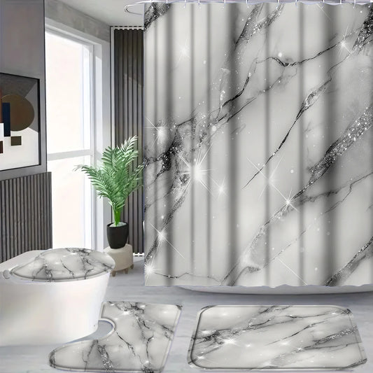 4Pcs Sparkle Grey Marble Shower Curtain Set with Hooks, Modern Shiny Glitter Print Waterproof Mildew Resistant Fabric Bath Mat for Family Bathroom Home Decor