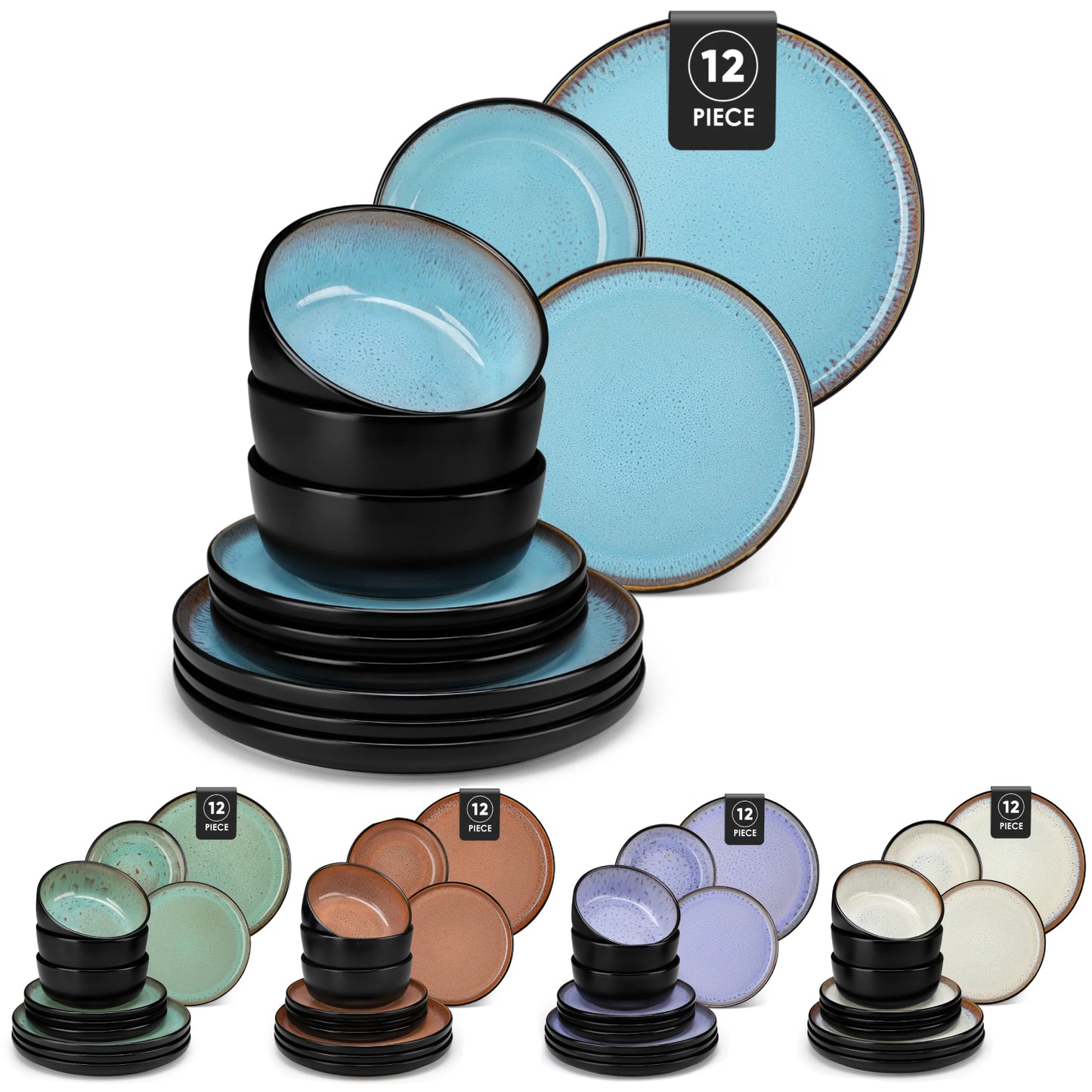 vancasso AMBER 12/16 Piece Ceramic Dinnerware Set Matte Black Stoneware Plats Set with 4/6 pcs Dinner Plate/Dessert/Bowl/Soup