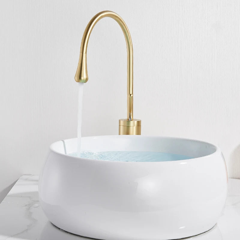 Brushed Golden Brass Art Basin Faucet Bathroom Washbasin Hot Cold Tap 360 Swivel Waterfall Gold Tall Model Mixer Deck Mounted