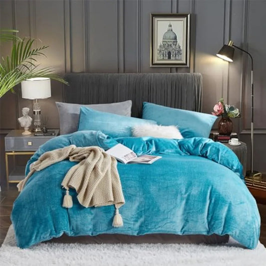 Fluffy Velvet Duvet Cover Set Turquoise Blue Size Fall Winter Soft Warm Flannel Comforter Cover 90" x 90" Luxury Cozy Plush Fle