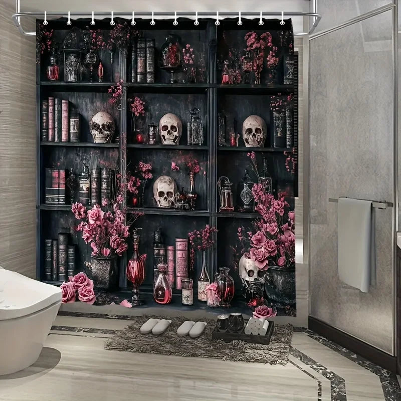 1pc Skeleton, Book, Pink Rose, And Mystery Object Pattern Print Design Shower Curtain, Gothic Style Bookcase Shower Curtain